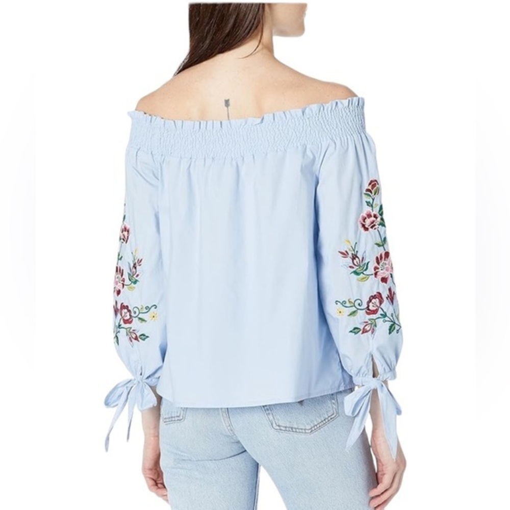 DEMOCRACY COTTAGECORE PRAIRE BLUE EMBROIDERED OFF THE SHOULDER BLOUSE TOP S
